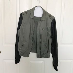 Military green jacket with faux leather sleeves